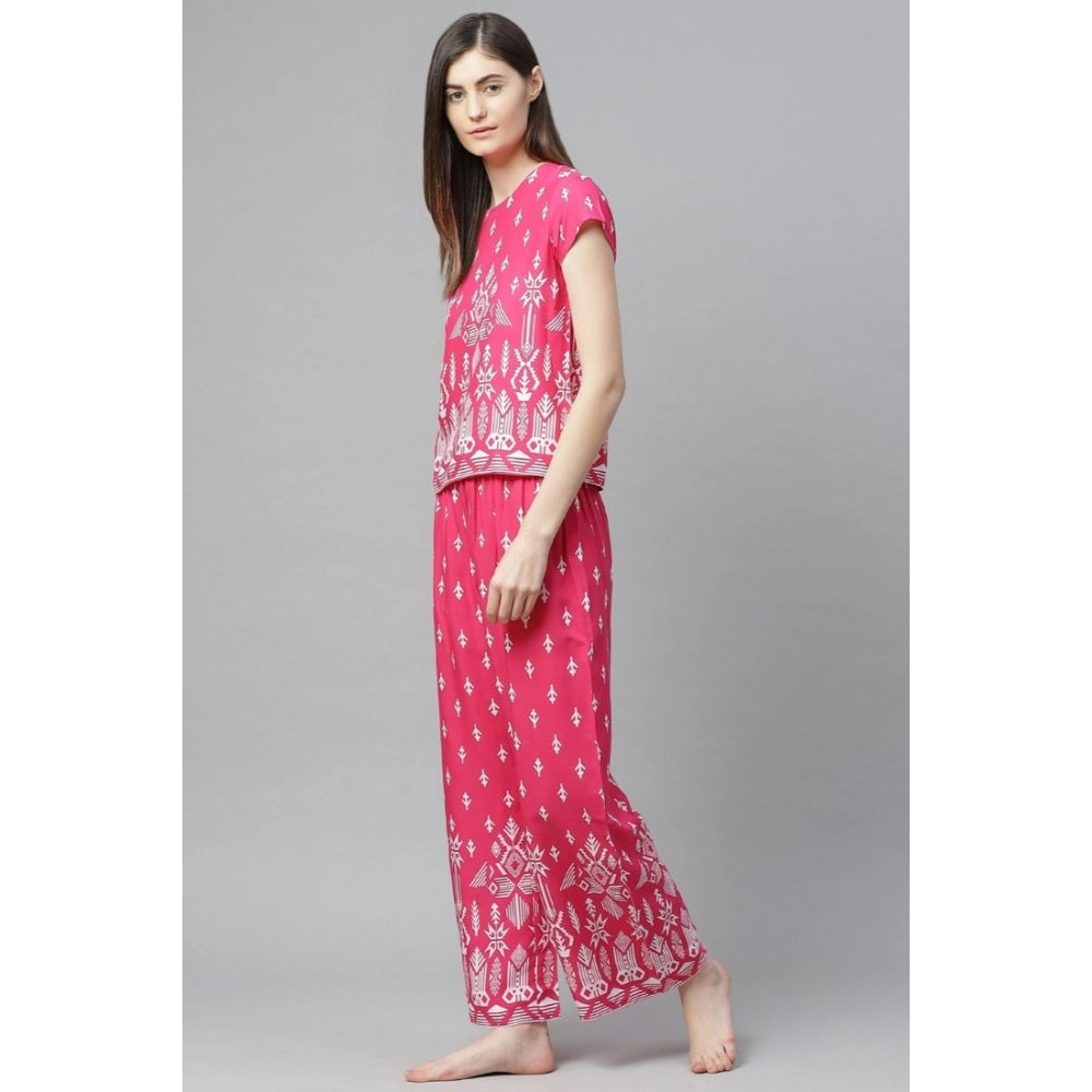 Casual Short Sleeve Printed Rayon Pajama Set