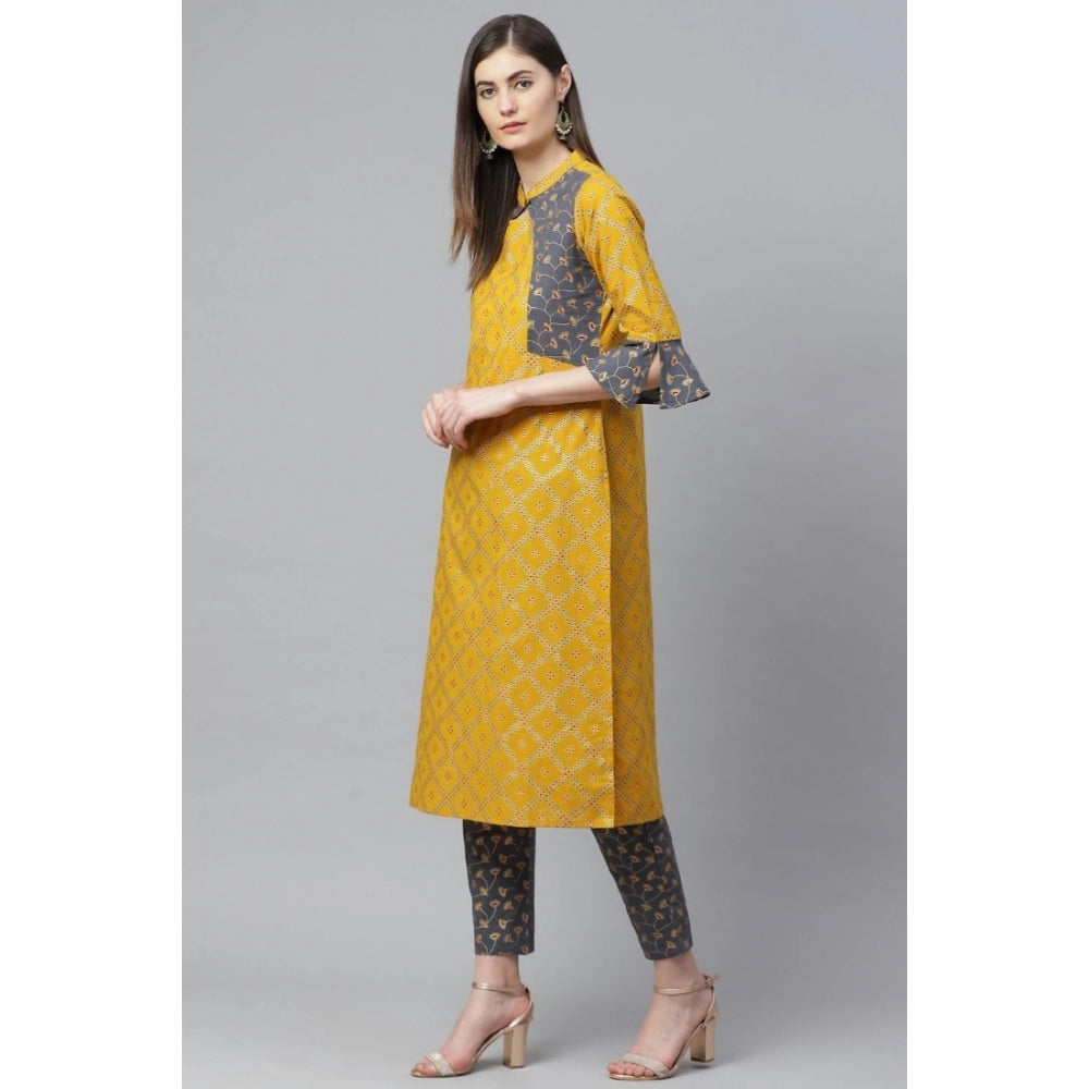 Casual Bell Sleeves Geomatrical Printed Cotton Kurti Set