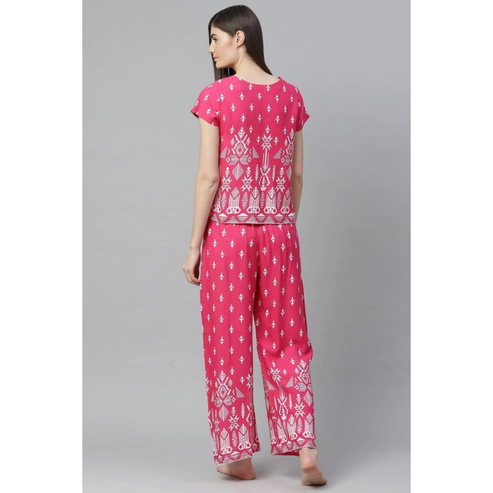 Casual Short Sleeve Printed Rayon Pajama Set