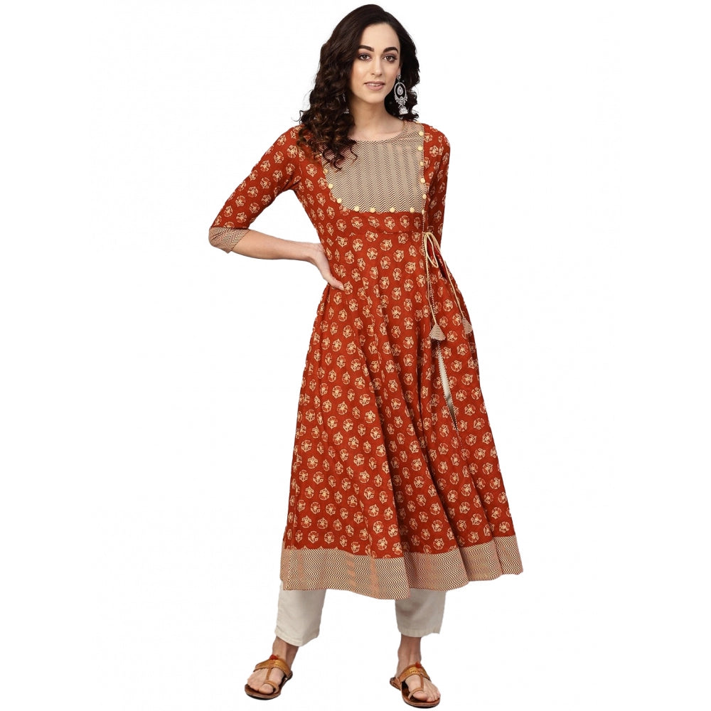 Casual 3/4 th Sleeve Floral Printed Cotton Slub Kurti