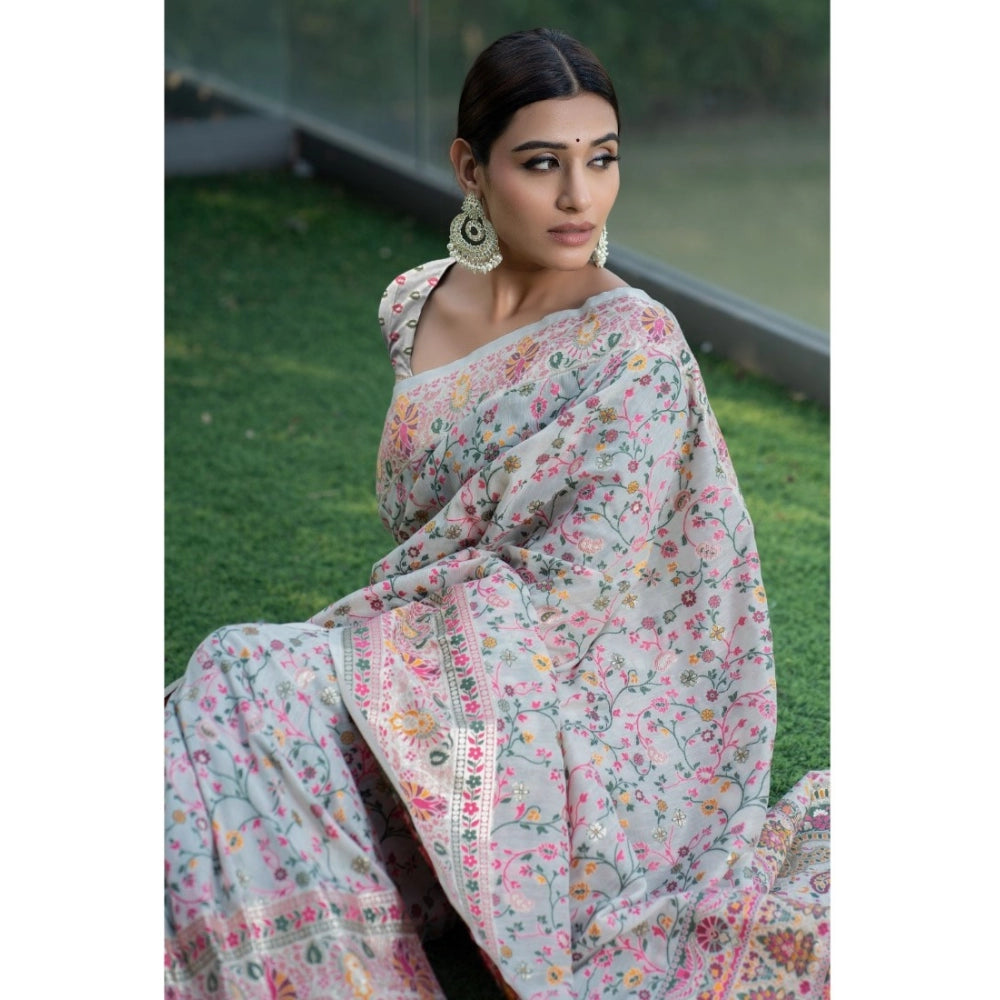   Linen Printed Saree With Unstitched Blouse