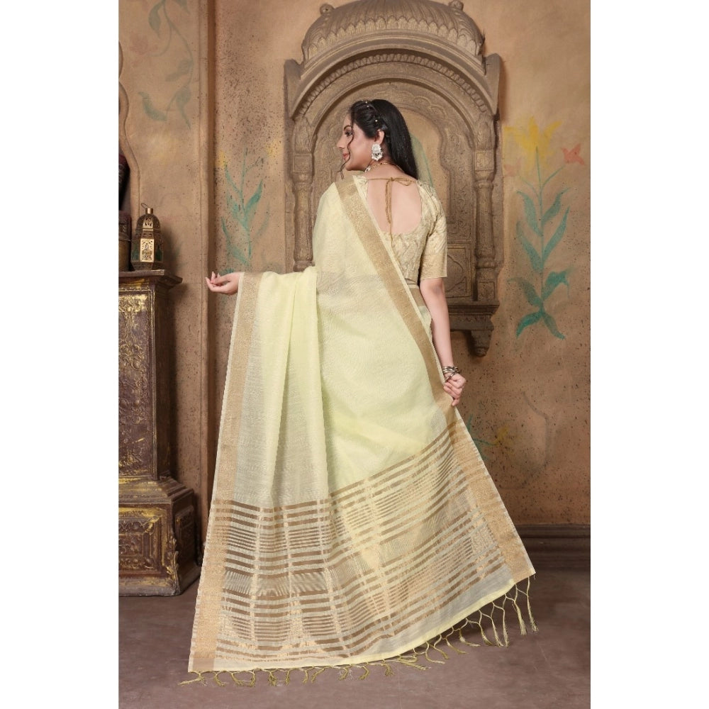   Soft Linen Striped Saree With Unstitched Blouse