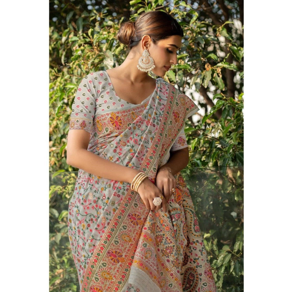   Linen Printed Saree With Unstitched Blouse