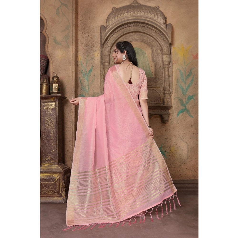   Soft Linen Striped Saree With Unstitched Blouse