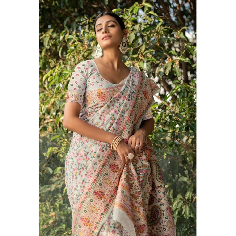   Linen Printed Saree With Unstitched Blouse