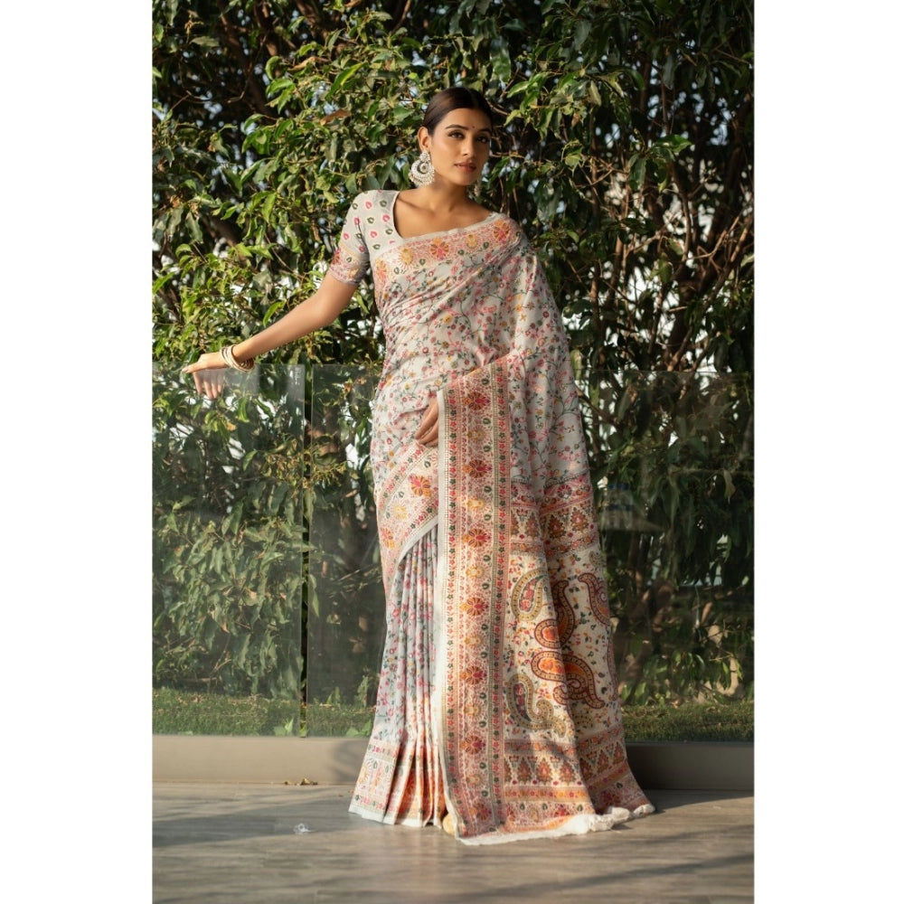   Linen Printed Saree With Unstitched Blouse