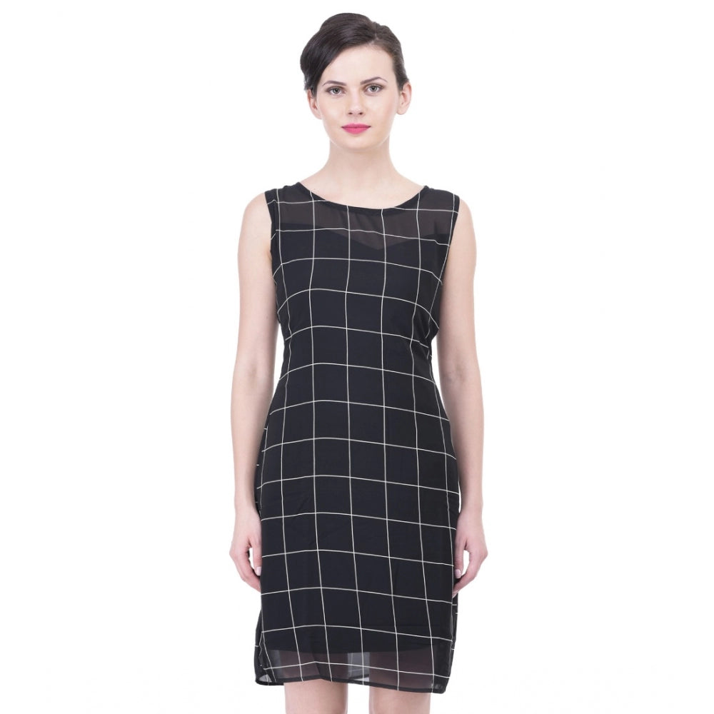 Cotton Blend Checked Sleeveless Sheath Dress