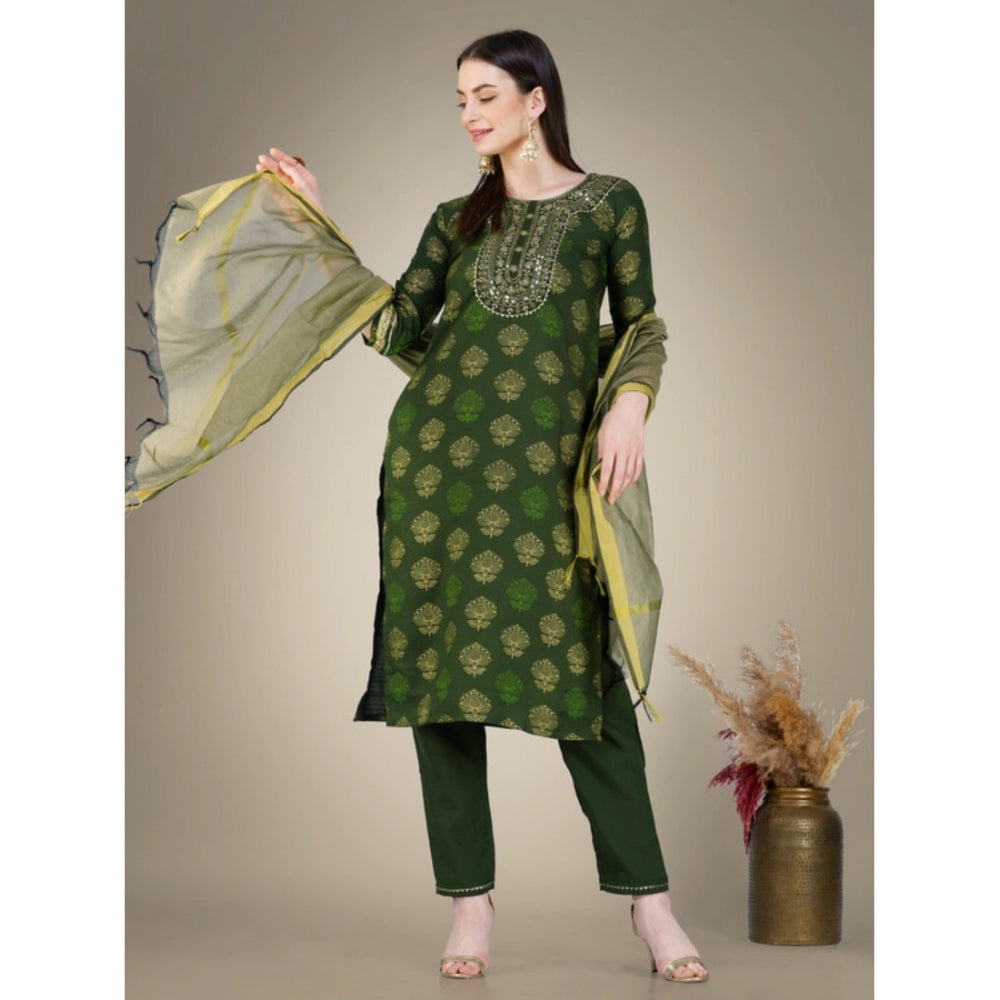 Casual 3-4 th Sleeve Embroidery Cotton Kurti Pant Dupatta Set