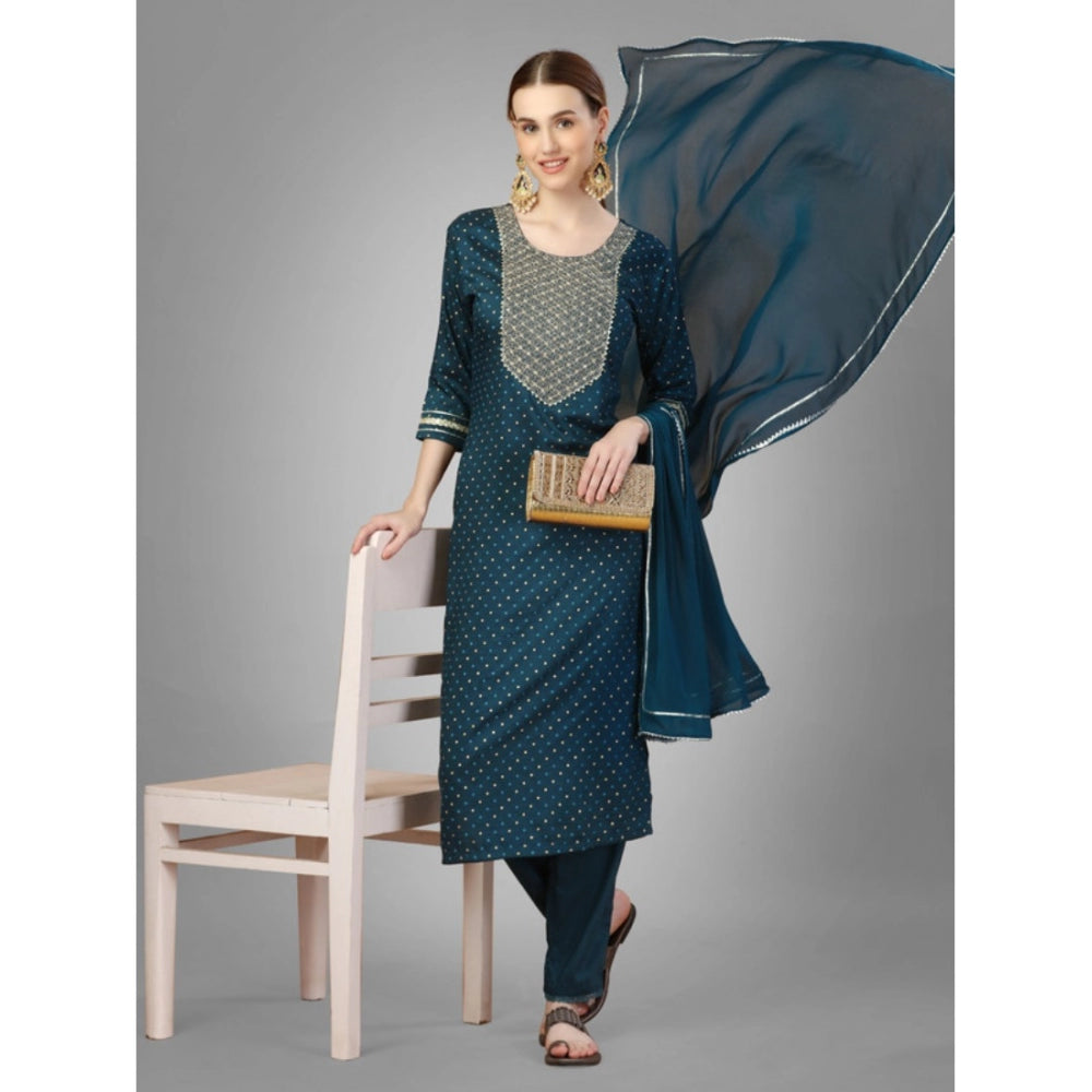 Casual 3-4 th Sleeve Embroidery Silk Blend Kurti Pant Dupatta Set