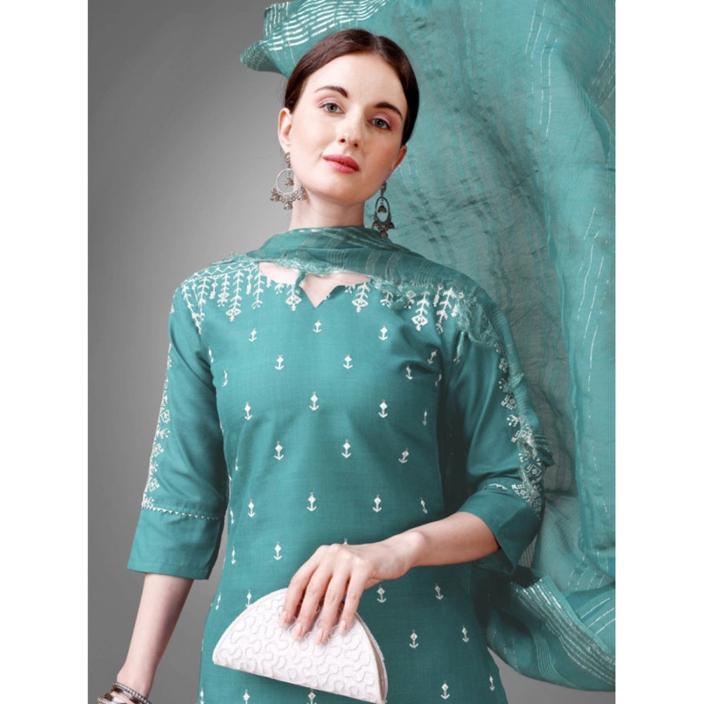 Casual 3-4 th Sleeve Embroidery Cotton Kurti Pant Dupatta Set