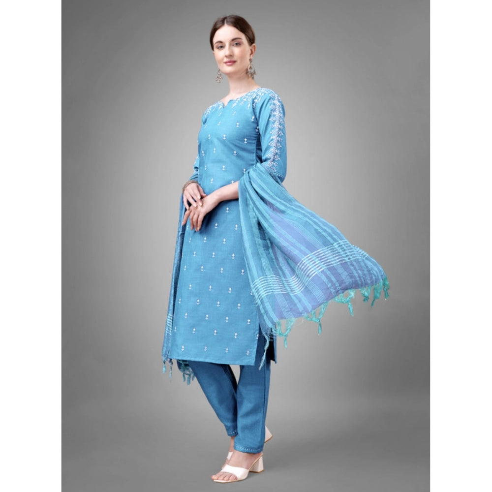 Casual 3-4 th Sleeve Embroidery Cotton Kurti Pant Dupatta Set