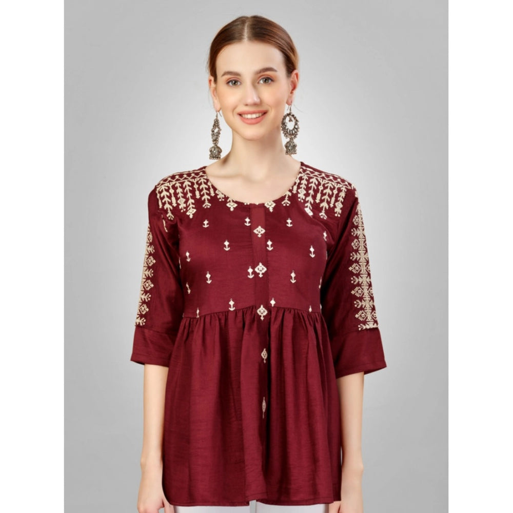 Casual 3-4 th Sleeve Embroidered Silk Tunic Top