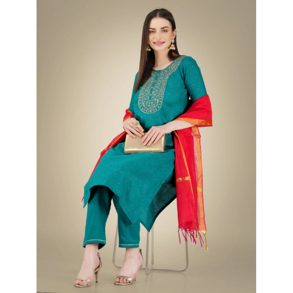 Casual 3-4 th Sleeve Embroidery Cotton Kurti Pant Dupatta Set