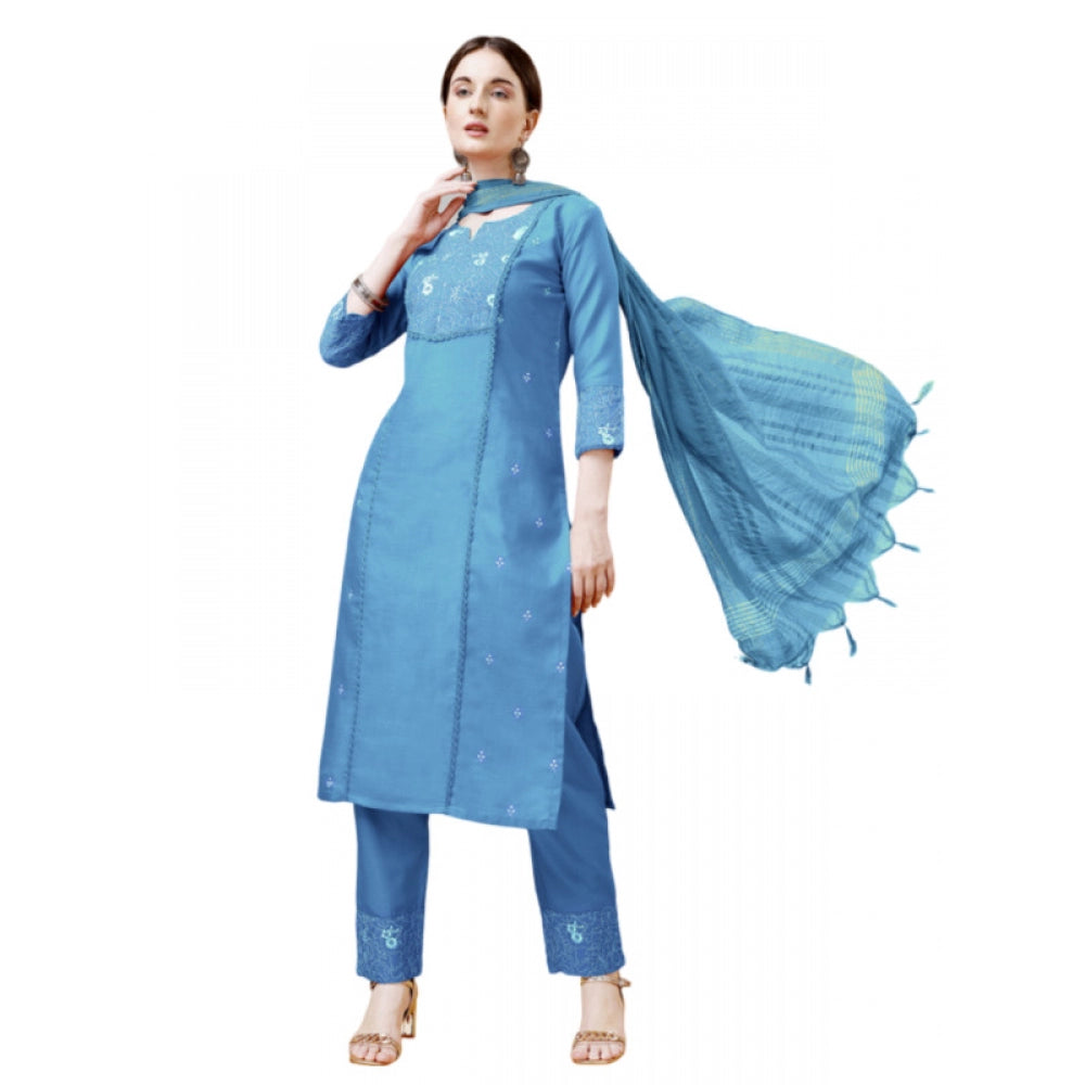 Casual 3-4 th Sleeve Embroidery Cotton Kurti Pant Dupatta Set