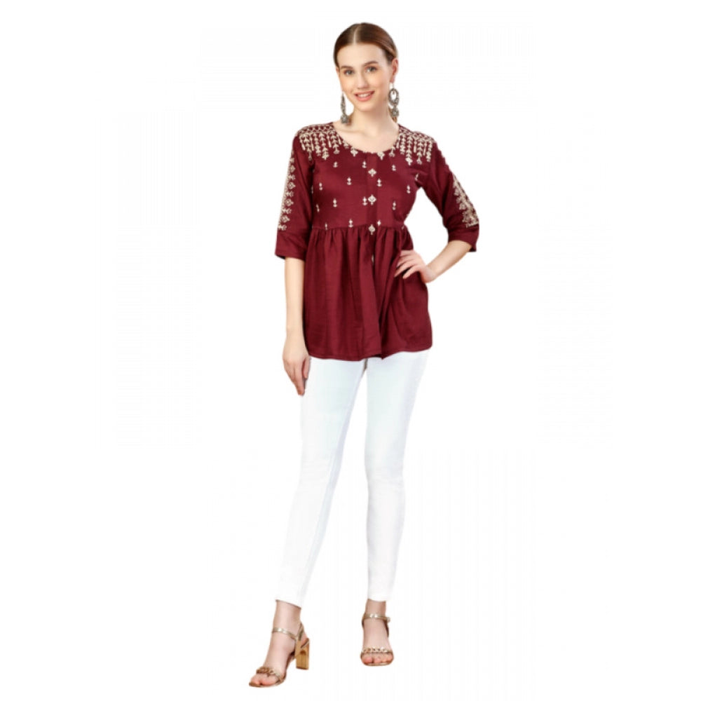 Casual 3-4 th Sleeve Embroidered Silk Tunic Top