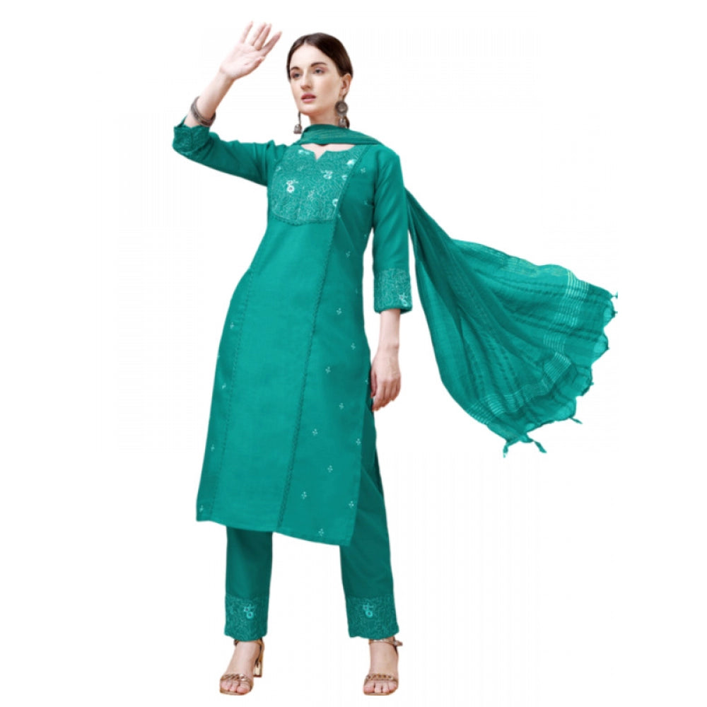 Casual 3-4 th Sleeve Embroidery Cotton Kurti Pant Dupatta Set