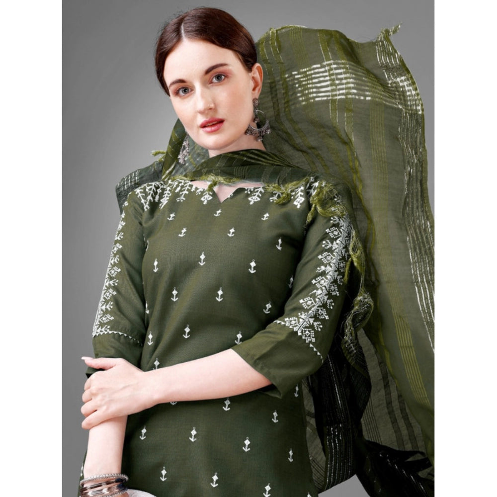 Casual 3-4 th Sleeve Embroidery Cotton Kurti Pant Dupatta Set