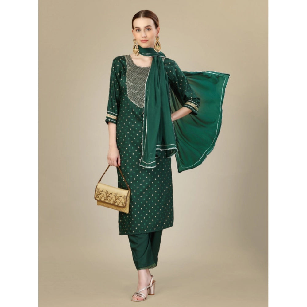 Casual 3-4 th Sleeve Embroidery Silk Blend Kurti Pant Dupatta Set