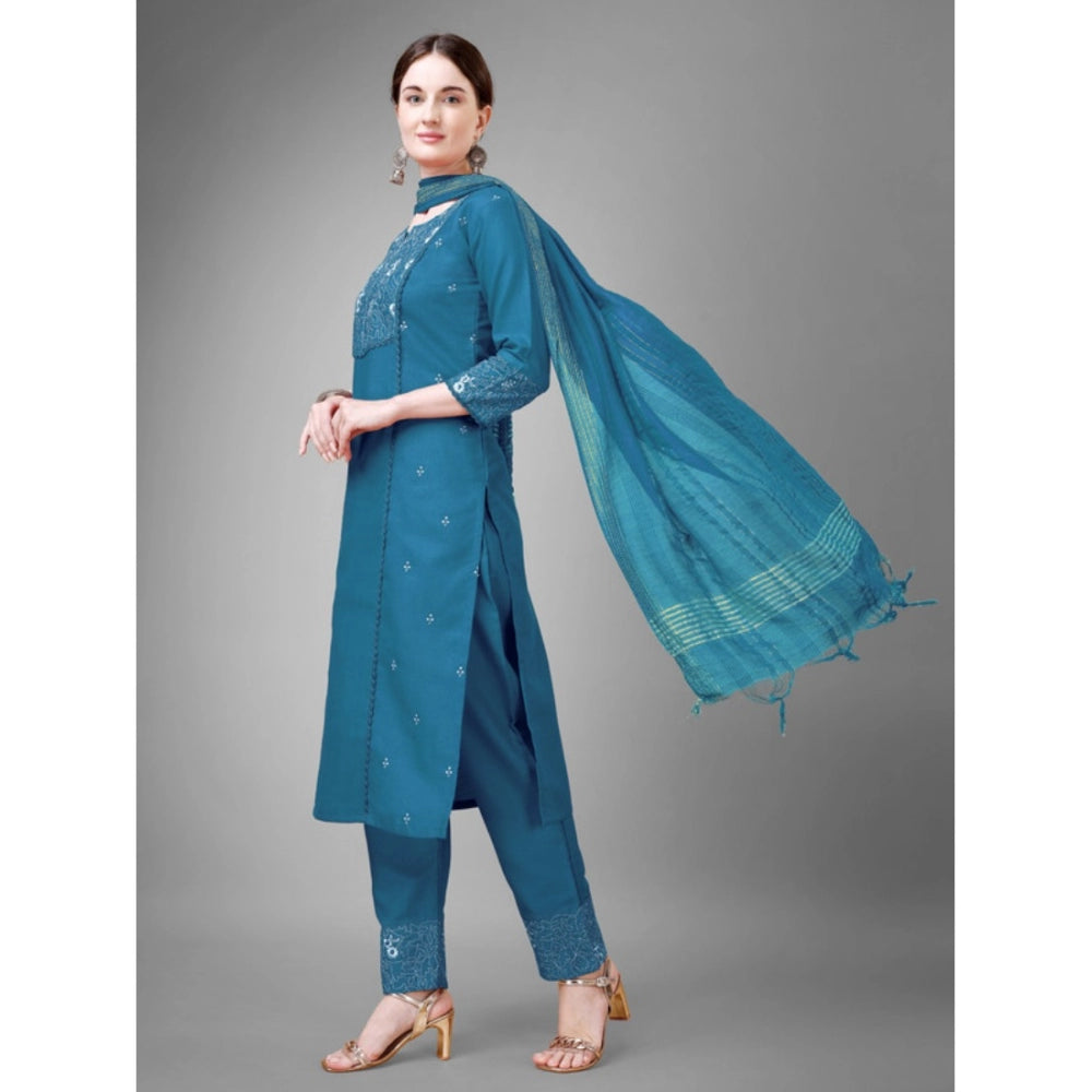 Casual 3-4 th Sleeve Embroidery Cotton Kurti Pant Dupatta Set