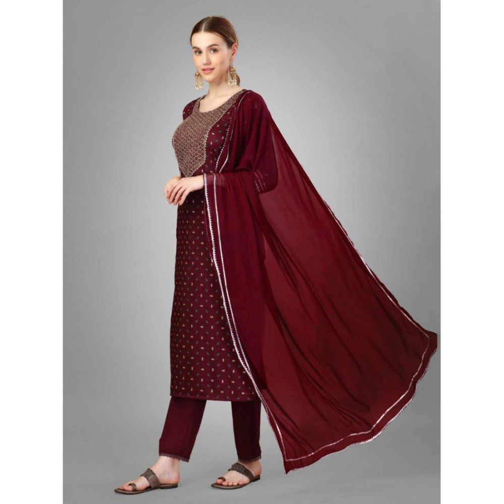 Casual 3-4 th Sleeve Embroidery Silk Blend Kurti Pant Dupatta Set