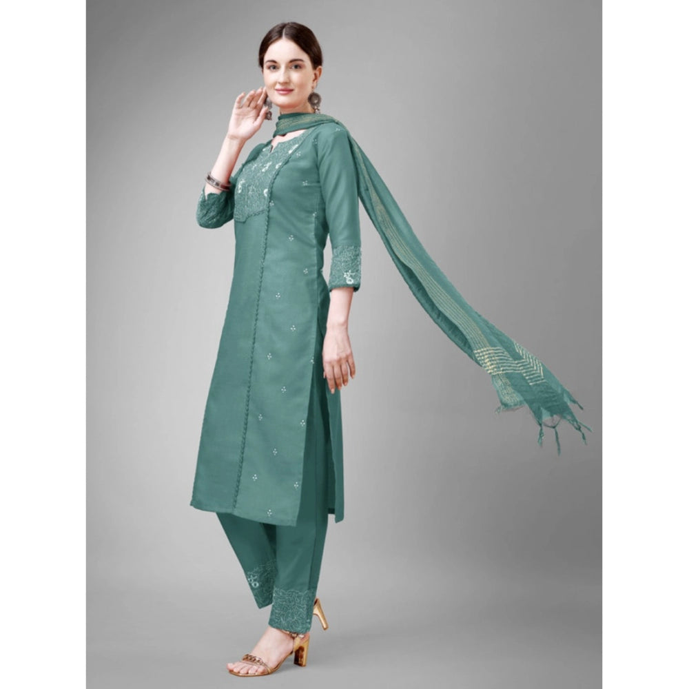 Casual 3-4 th Sleeve Embroidery Cotton Kurti Pant Dupatta Set