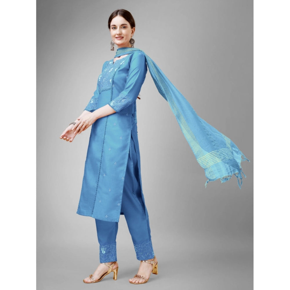 Casual 3-4 th Sleeve Embroidery Cotton Kurti Pant Dupatta Set