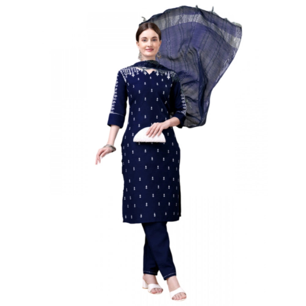 Casual 3-4 th Sleeve Embroidery Cotton Kurti Pant Dupatta Set