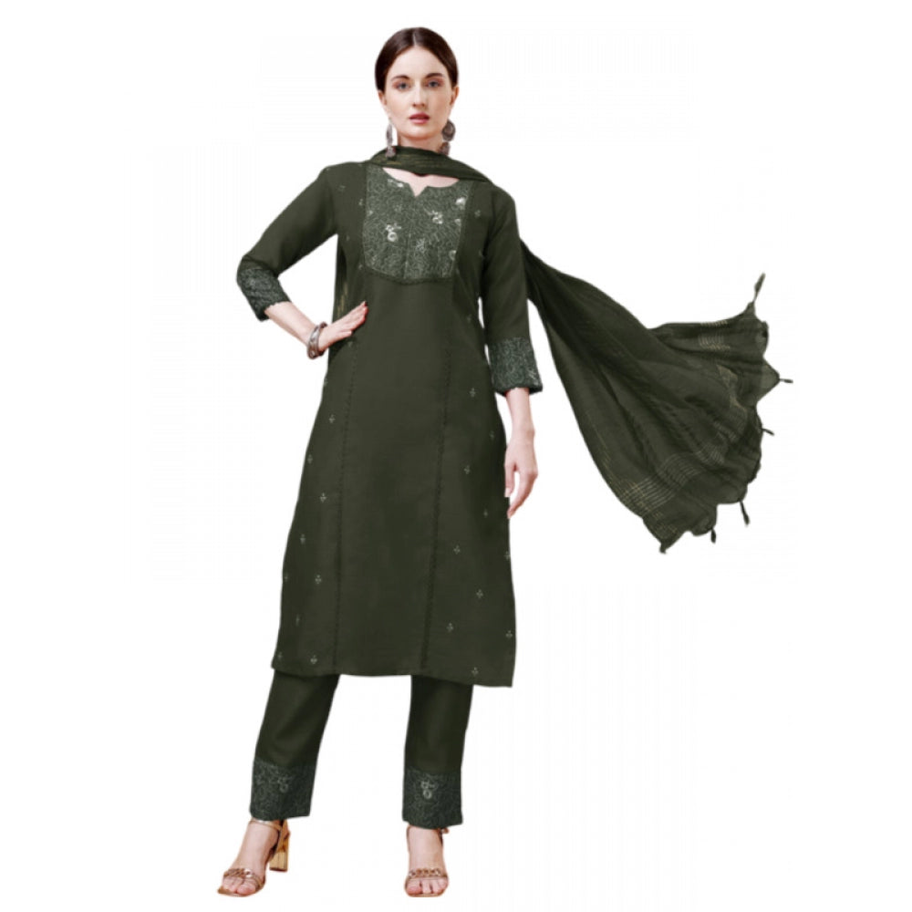 Casual 3-4 th Sleeve Embroidery Cotton Kurti Pant Dupatta Set