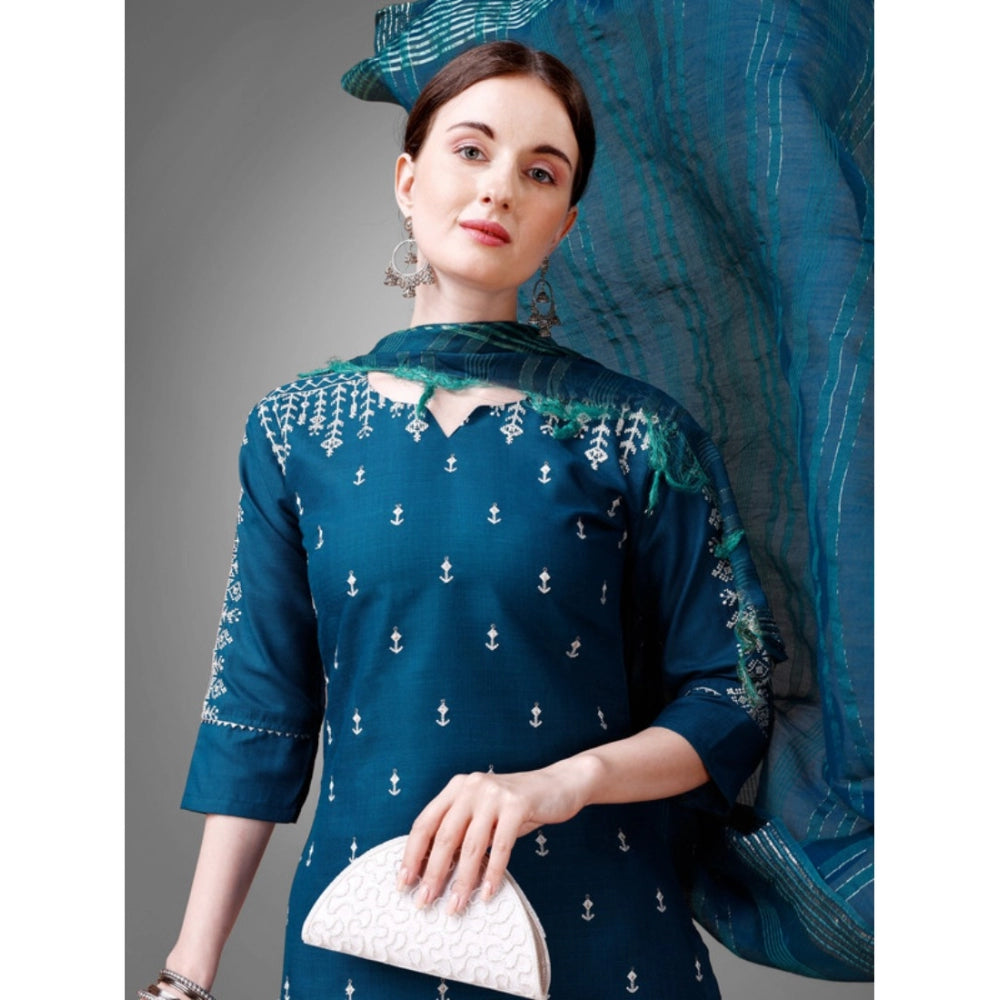 Casual 3-4 th Sleeve Embroidery Cotton Kurti Pant Dupatta Set