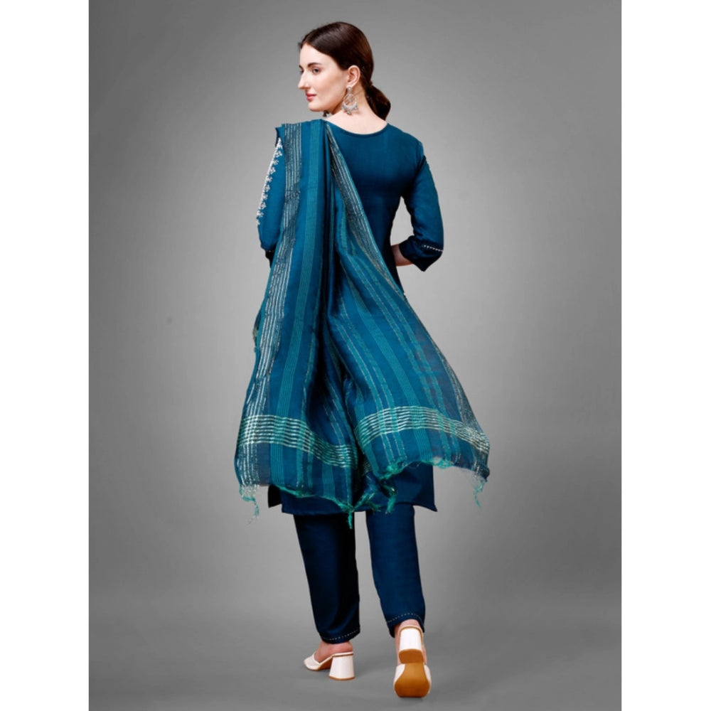 Casual 3-4 th Sleeve Embroidery Cotton Kurti Pant Dupatta Set