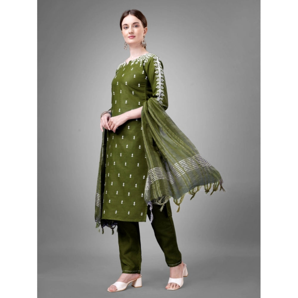 Casual 3-4 th Sleeve Embroidery Cotton Kurti Pant Dupatta Set