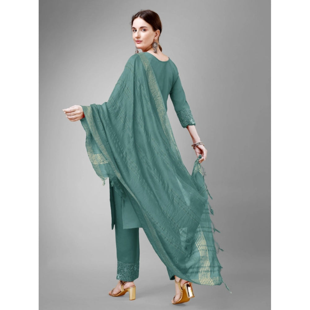 Casual 3-4 th Sleeve Embroidery Cotton Kurti Pant Dupatta Set