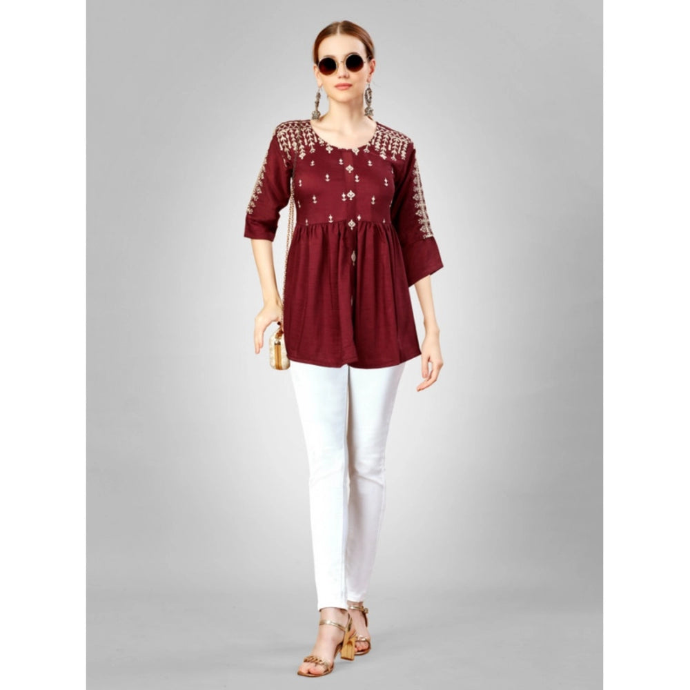 Casual 3-4 th Sleeve Embroidered Silk Tunic Top