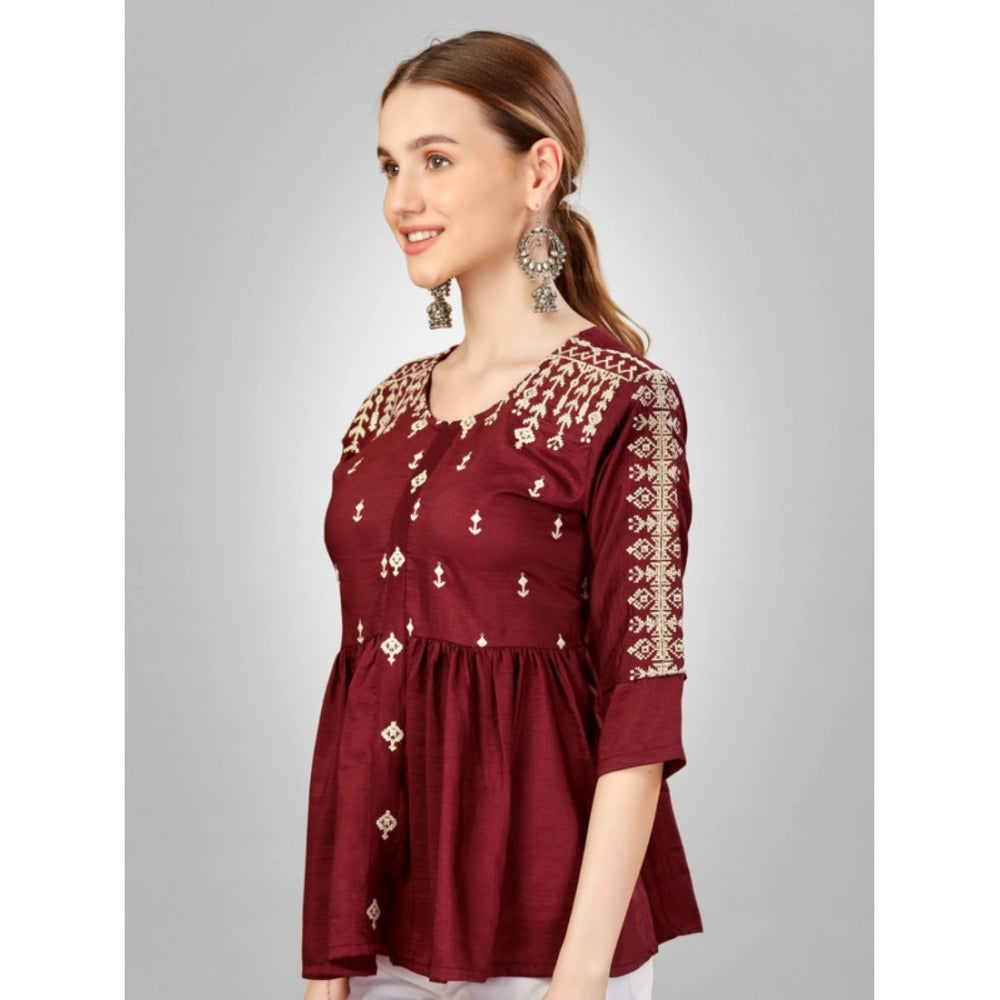 Casual 3-4 th Sleeve Embroidered Silk Tunic Top