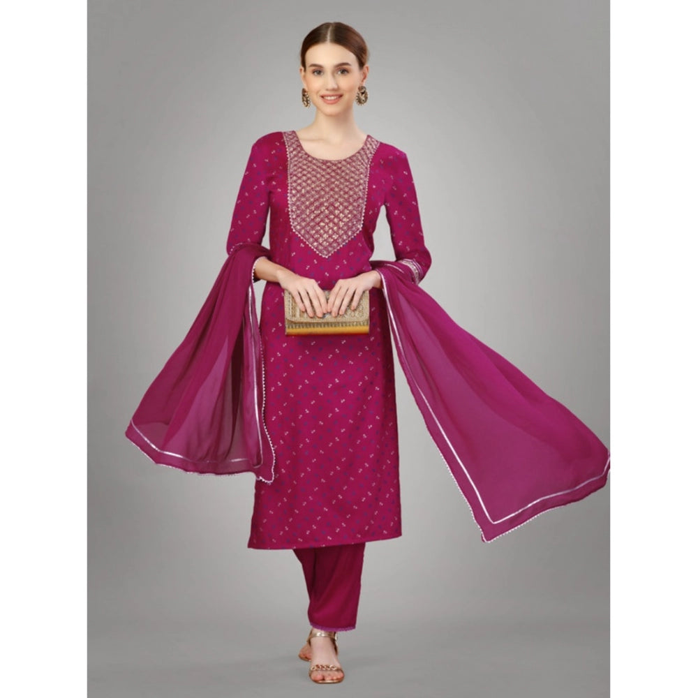 Casual 3-4 th Sleeve Embroidery Silk Blend Kurti Pant Dupatta Set