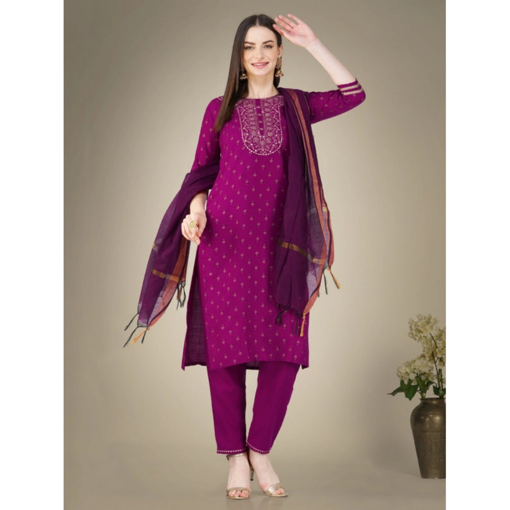 Casual 3-4 th Sleeve Embroidery Cotton Kurti Pant Dupatta Set