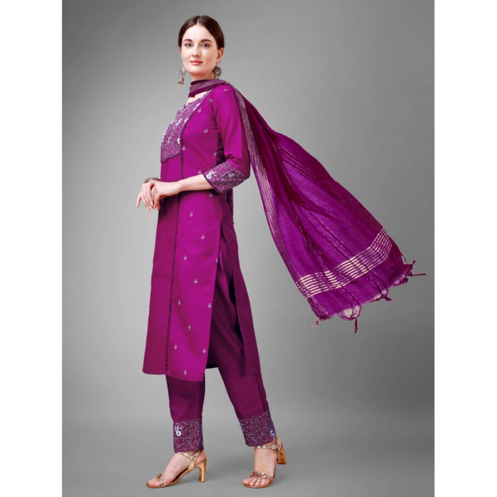 Casual 3-4 th Sleeve Embroidery Cotton Kurti Pant Dupatta Set