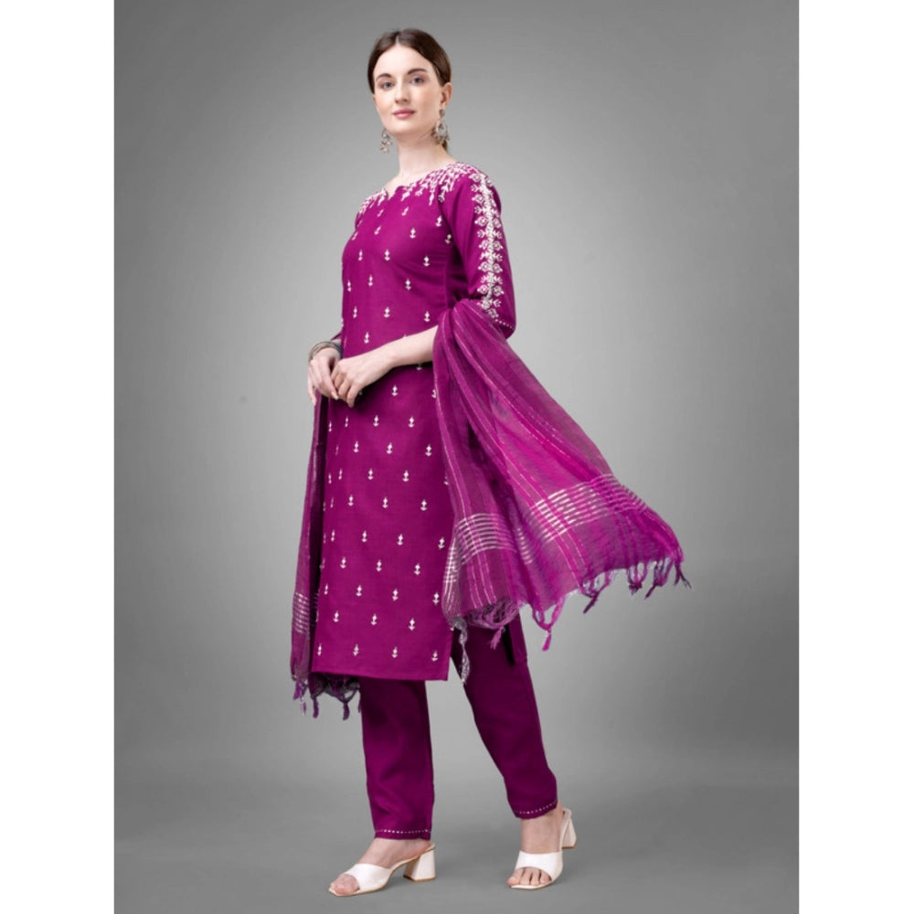 Casual 3-4 th Sleeve Embroidery Cotton Kurti Pant Dupatta Set