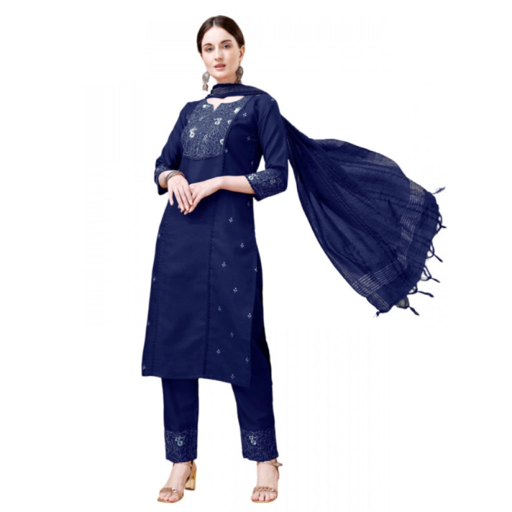 Casual 3-4 th Sleeve Embroidery Cotton Kurti Pant Dupatta Set