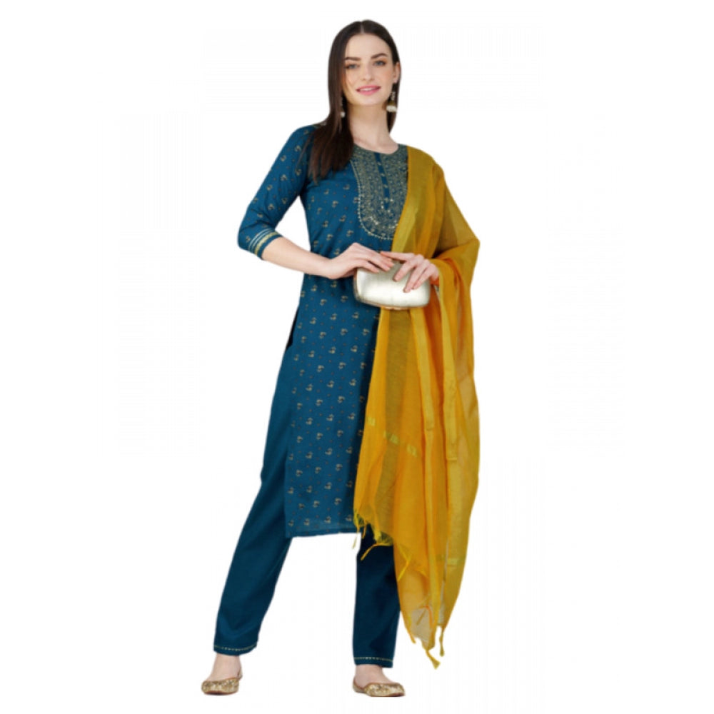 Casual 3-4 th Sleeve Embroidery Cotton Kurti Pant Dupatta Set