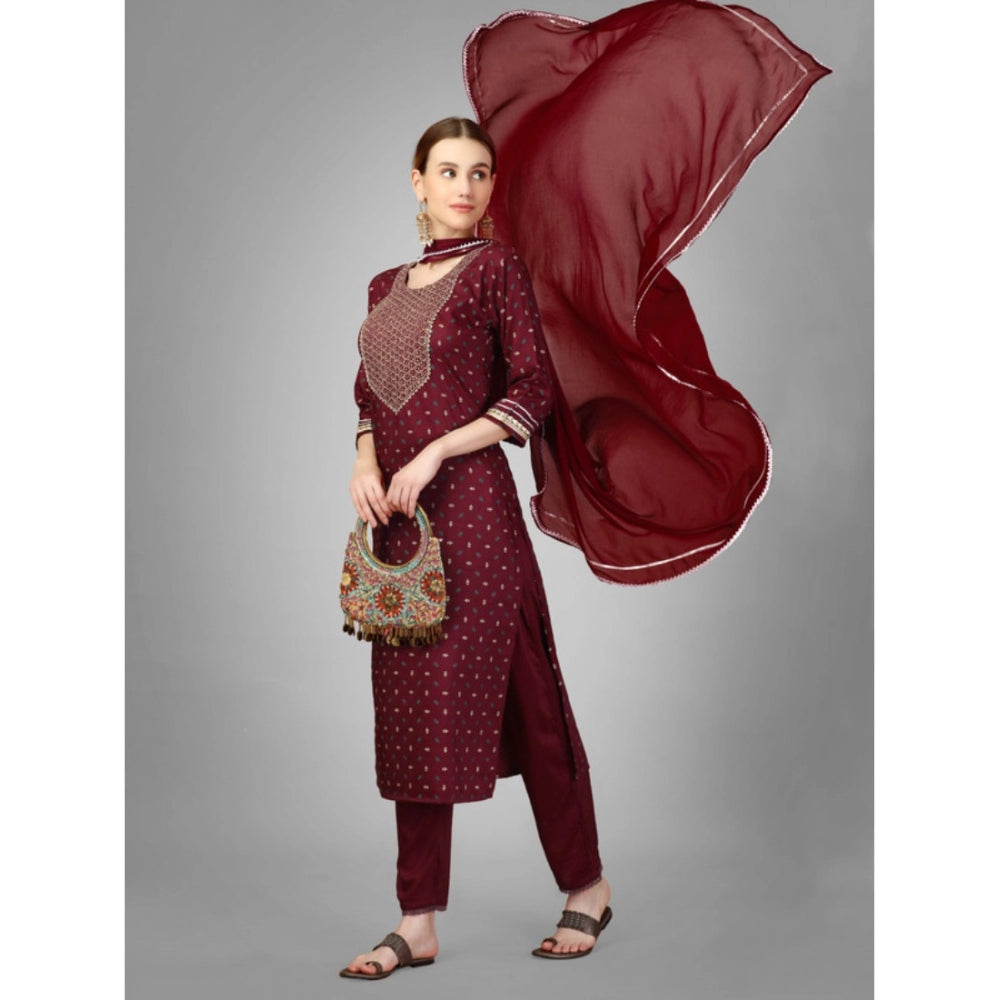 Casual 3-4 th Sleeve Embroidery Silk Blend Kurti Pant Dupatta Set