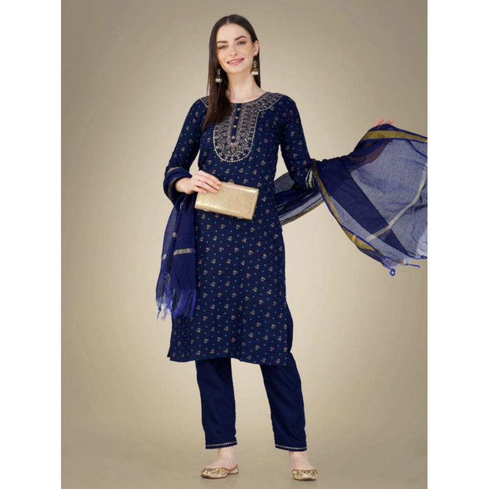 Casual 3-4 th Sleeve Embroidery Cotton Kurti Pant Dupatta Set