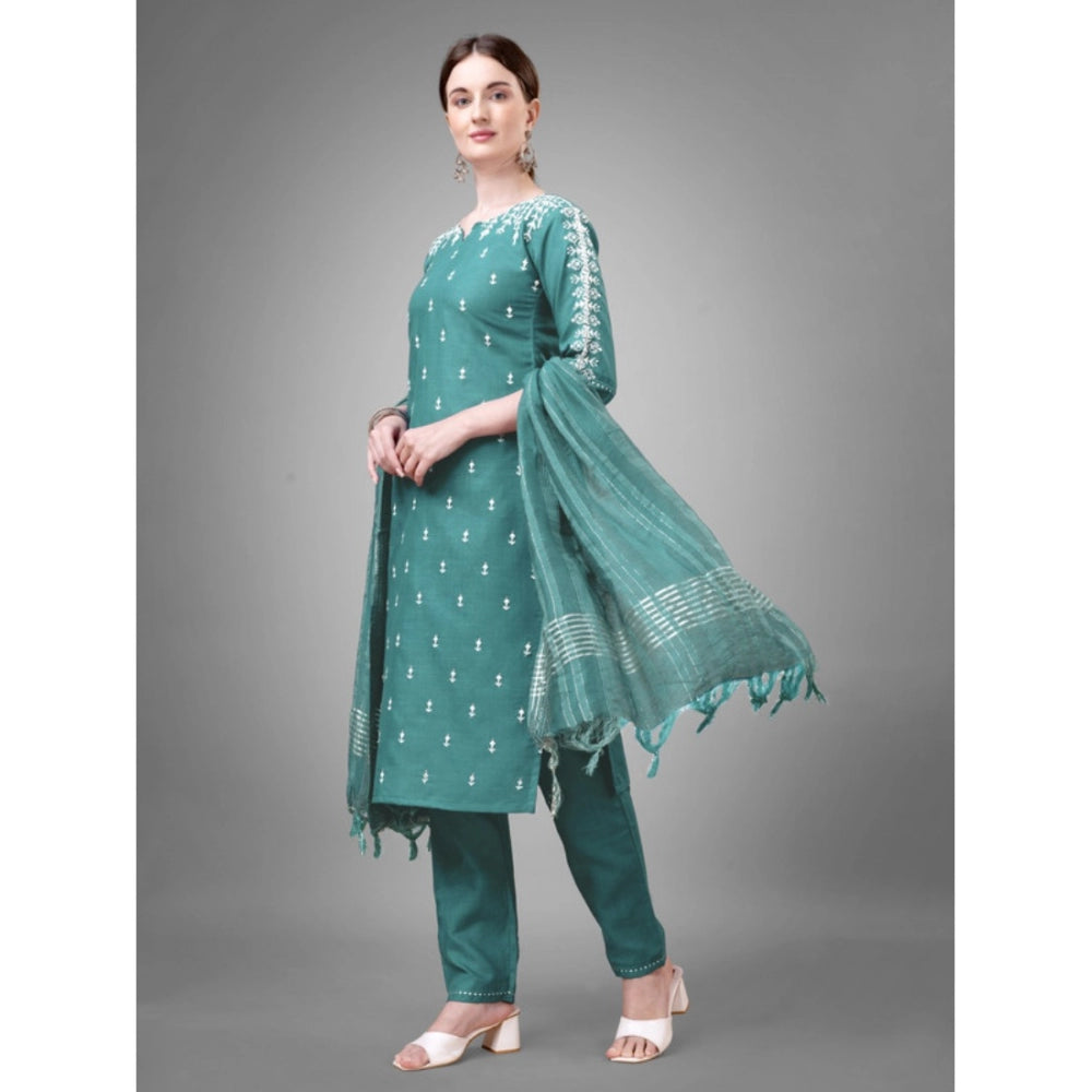 Casual 3-4 th Sleeve Embroidery Cotton Kurti Pant Dupatta Set