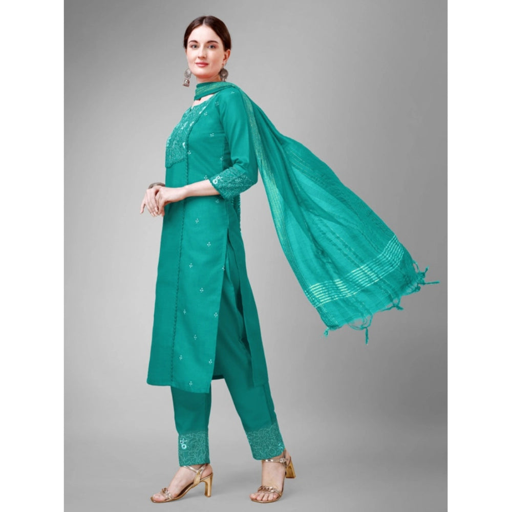 Casual 3-4 th Sleeve Embroidery Cotton Kurti Pant Dupatta Set