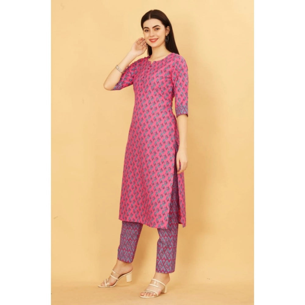 Casual 3-4 th Sleeve Printed Cotton Kurti Pant Set