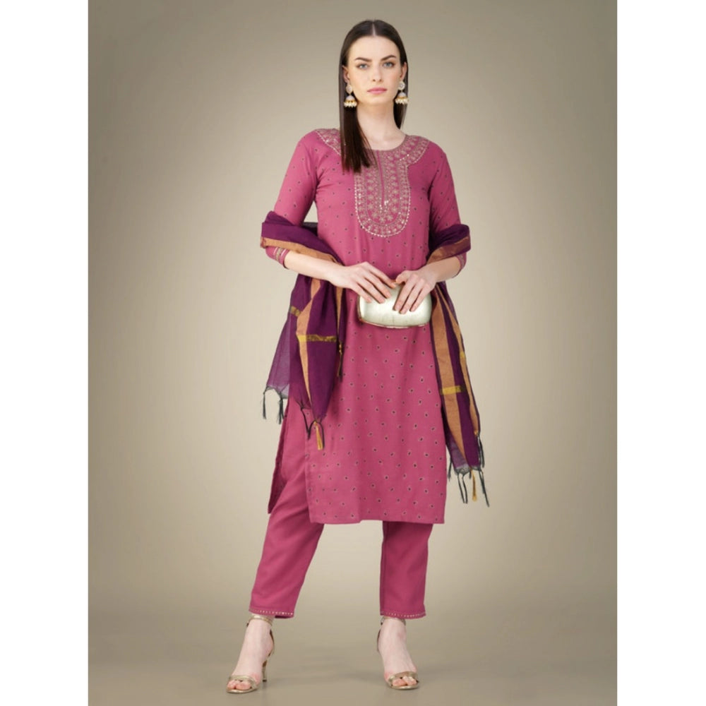 Casual 3-4 th Sleeve Embroidery Cotton Kurti Pant Dupatta Set