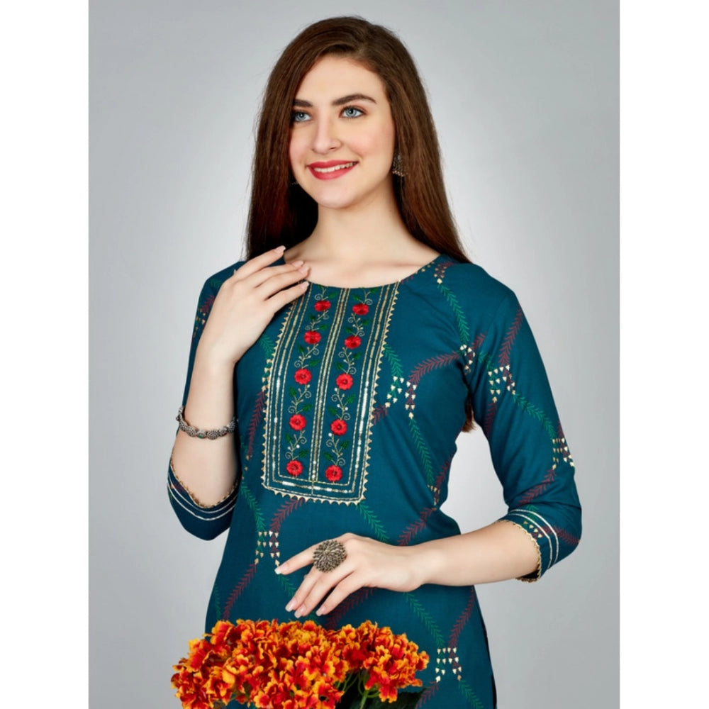 Casual 3-4 th Sleeve Embroidery Rayon Kurti Pant Set