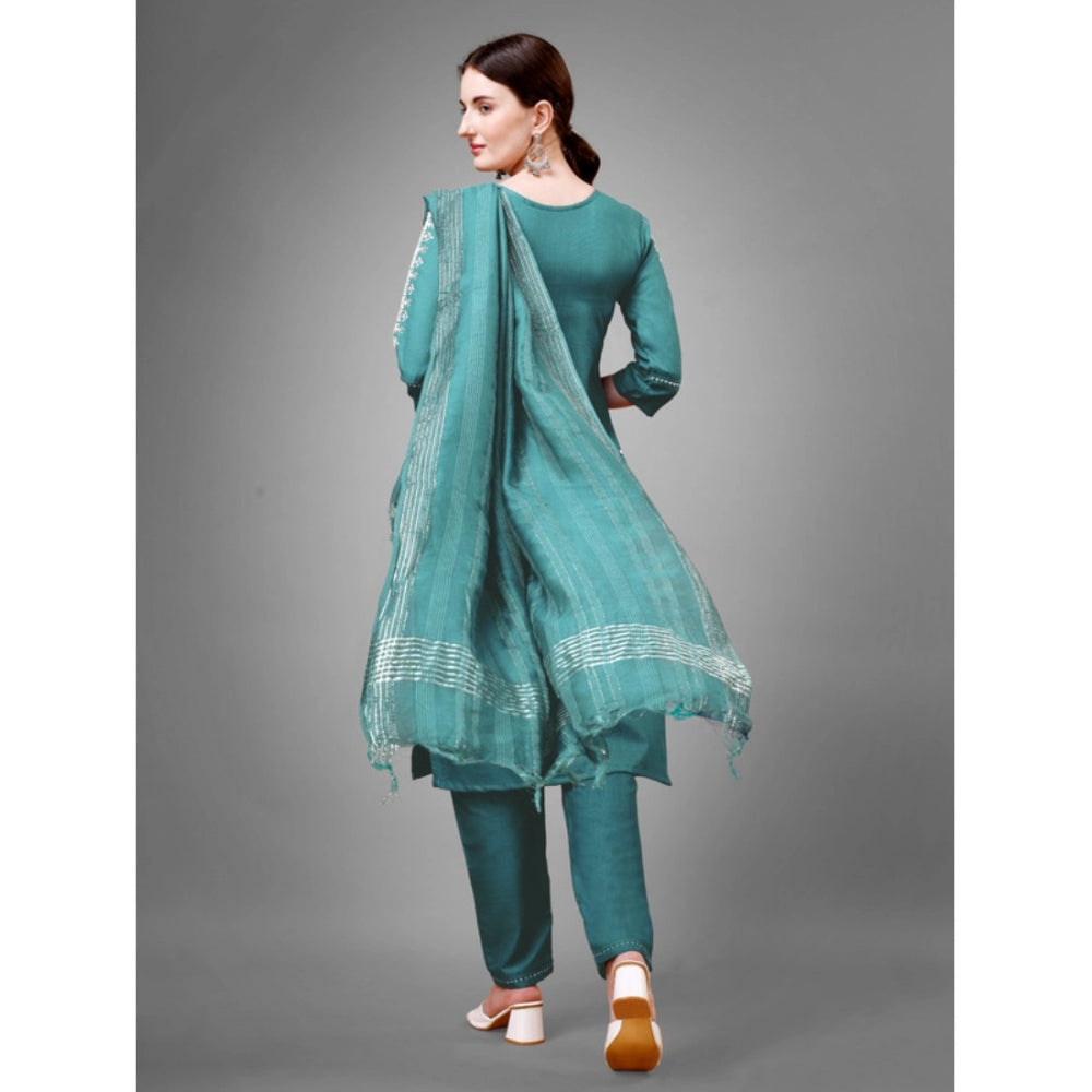 Casual 3-4 th Sleeve Embroidery Cotton Kurti Pant Dupatta Set