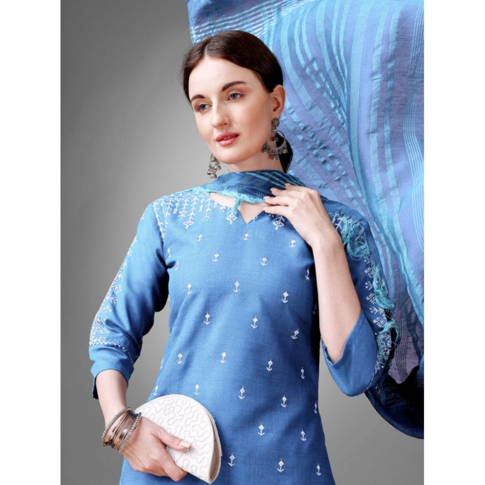 Casual 3-4 th Sleeve Embroidery Cotton Kurti Pant Dupatta Set