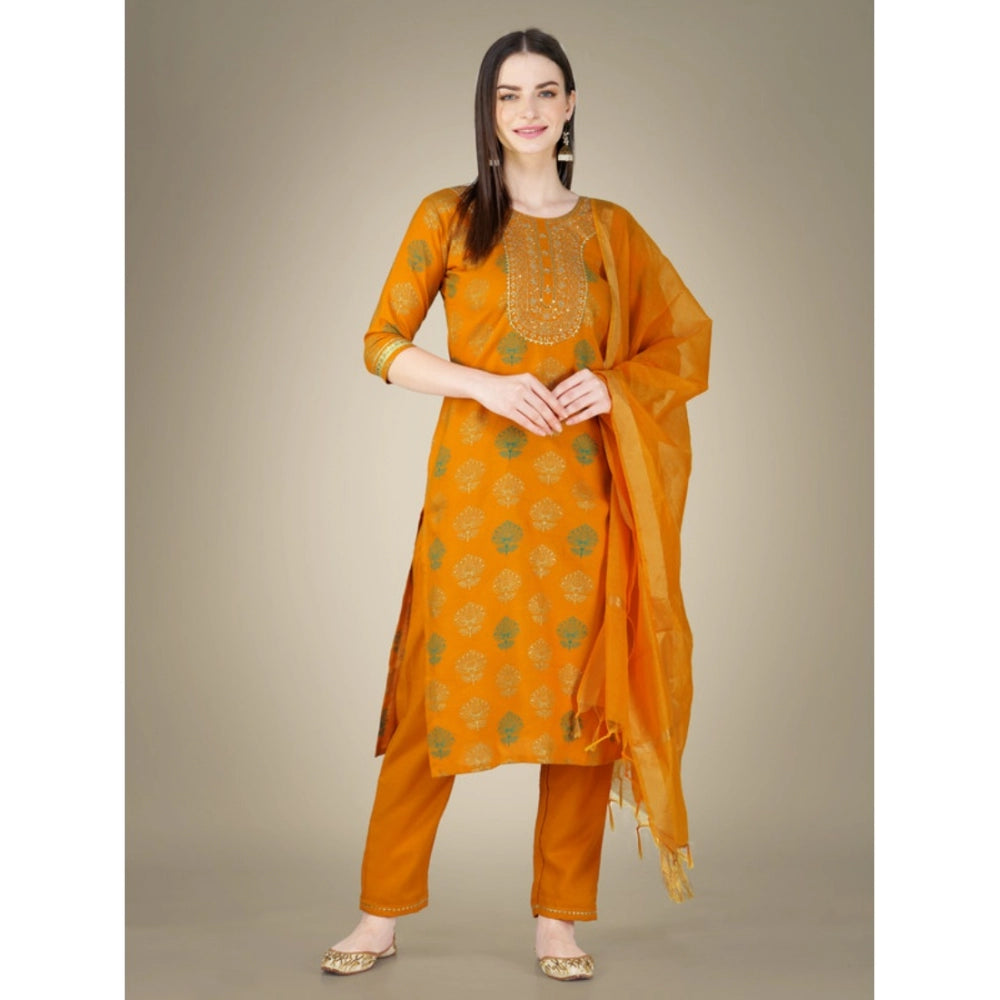 Casual 3-4 th Sleeve Embroidery Cotton Kurti Pant Dupatta Set